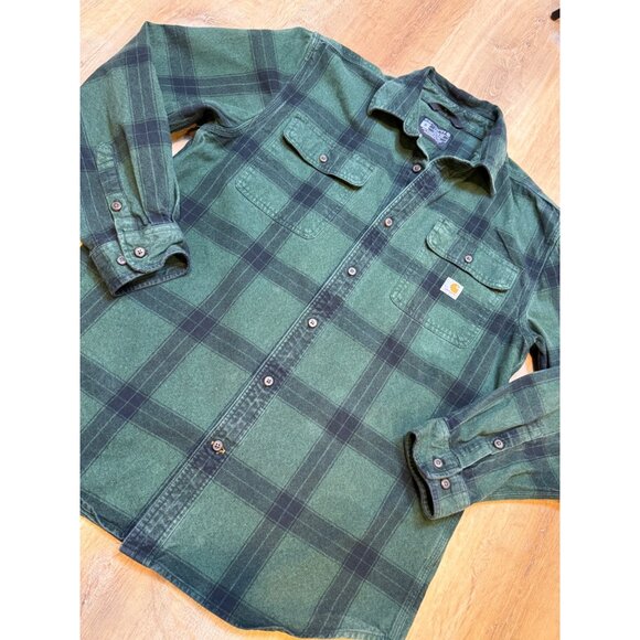 Carhartt Mens Loose Fit Plaid Green Flannel Shirt Heavyweight Cotton Medium - Picture 2 of 8